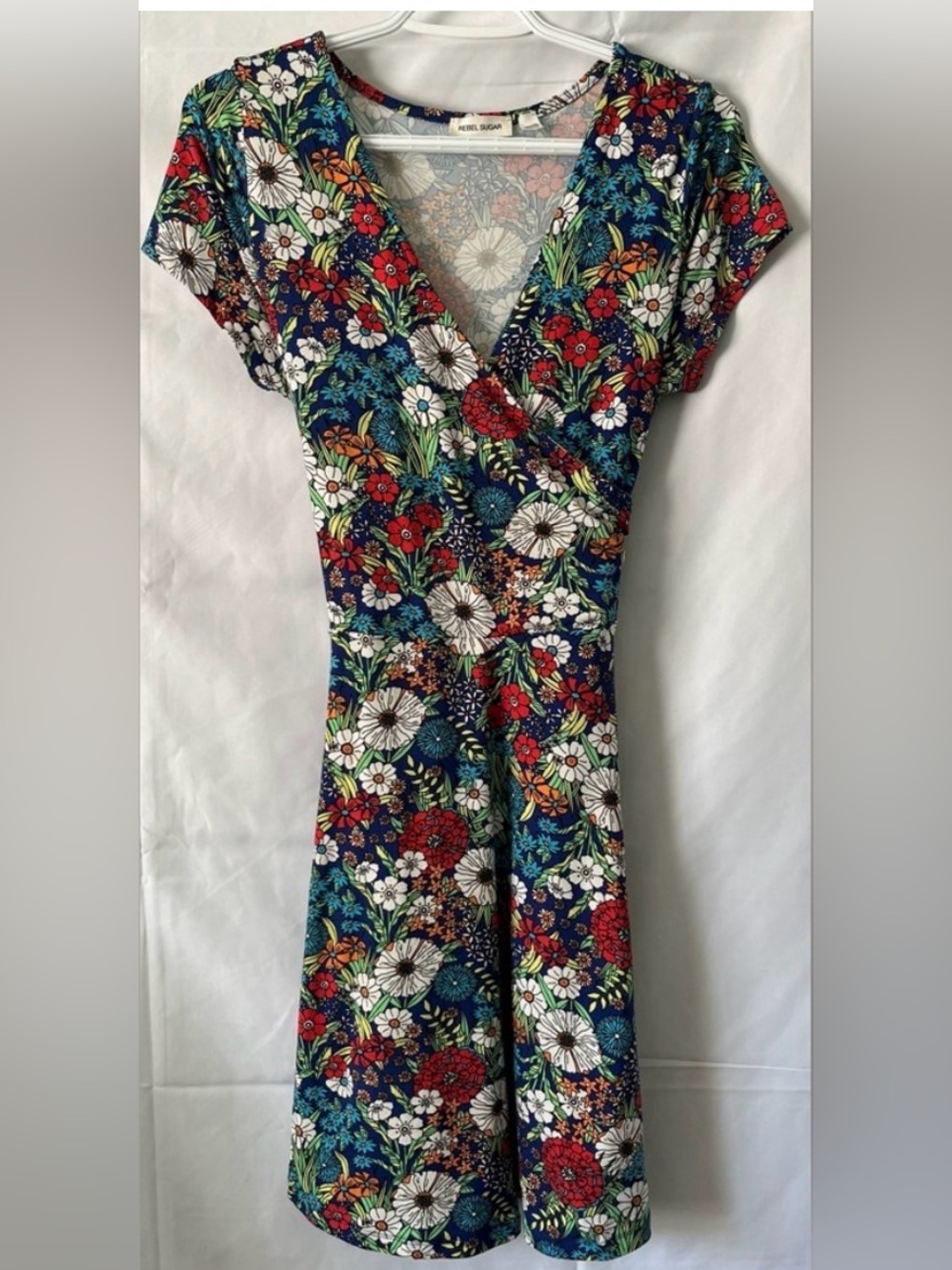 Retro 70s Floral Wrap Mini Dress Rebel Sugar XL | Cottagecore Boho V-Neck